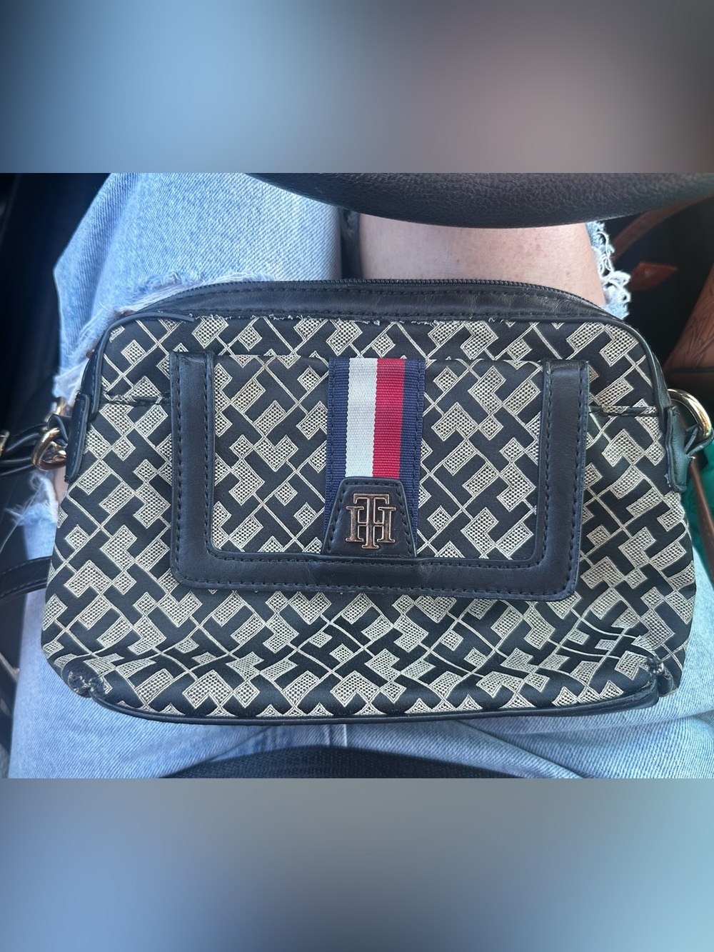 Tommy Hilfiger Black & Cream Signature Monogram Crossbody with Flag Stripe